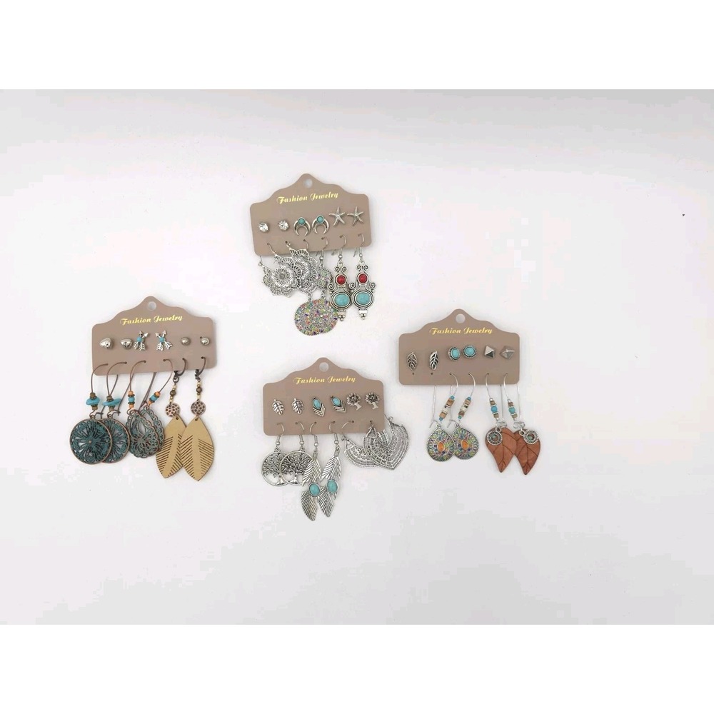 Lot Of 23 Pairs Of Silver Tone Pierced Earrings Enamel Faux Turquoise Feather